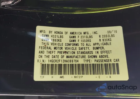 2017 Honda Accord Sport Se from USA, damaged, VIN 1HGCR2F12HA069794